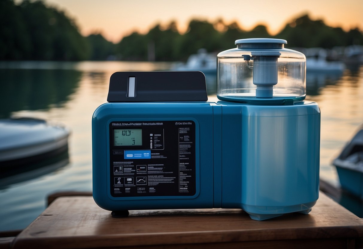 A portable water filter pump sits on a boat deck, surrounded by various methods of water purification such as tablets, UV light, and boiling equipment