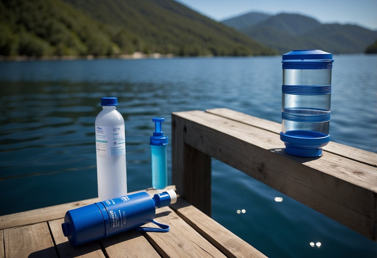 A Lifestraw Personal Water Filter is shown attached to a boat railing, with a backdrop of calm, blue water. Various methods of water purification are depicted in the surrounding area