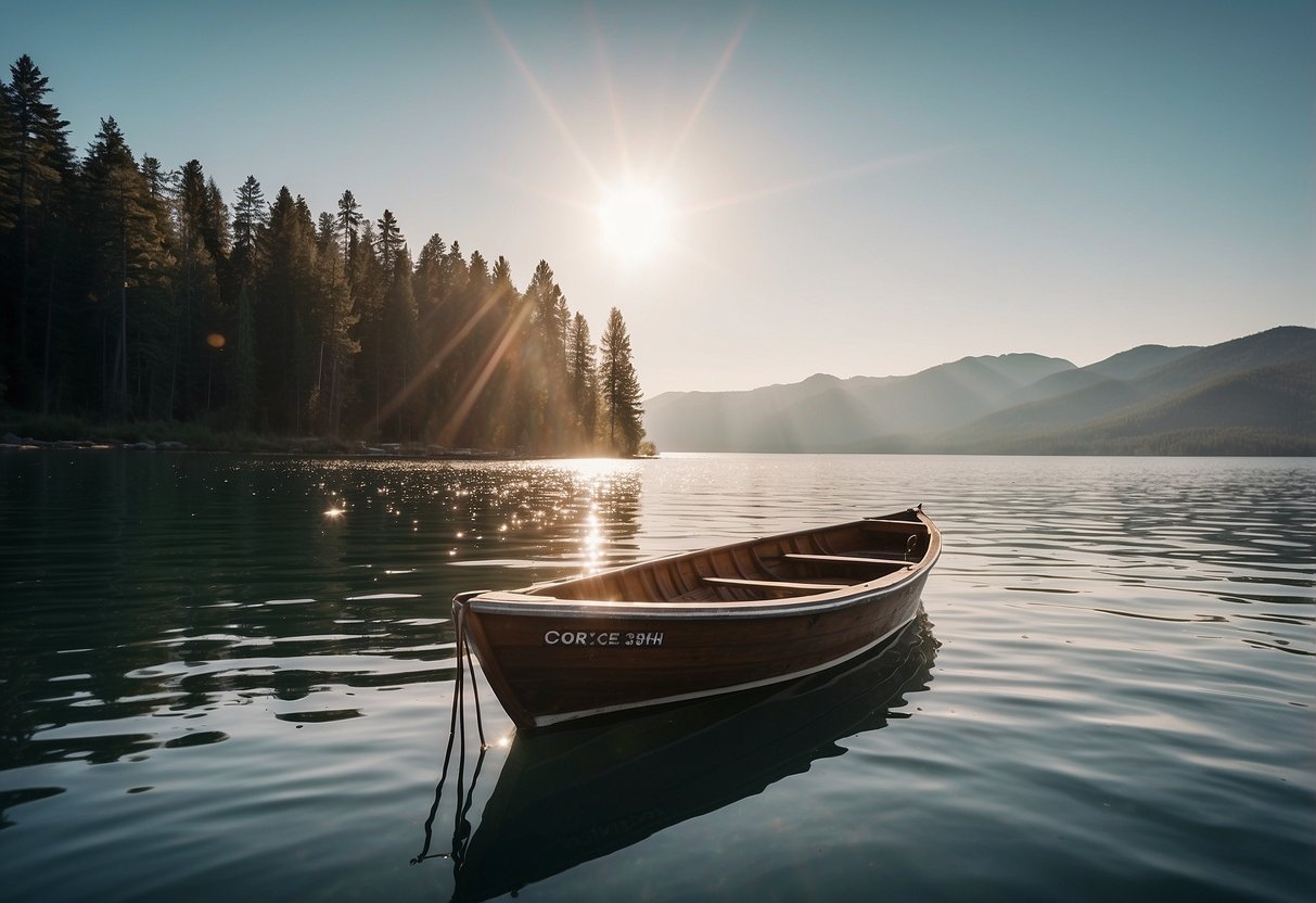 A boat on calm water with a Survivor Filter Pro purifying water. Clear sky, sunshine, and a serene atmosphere