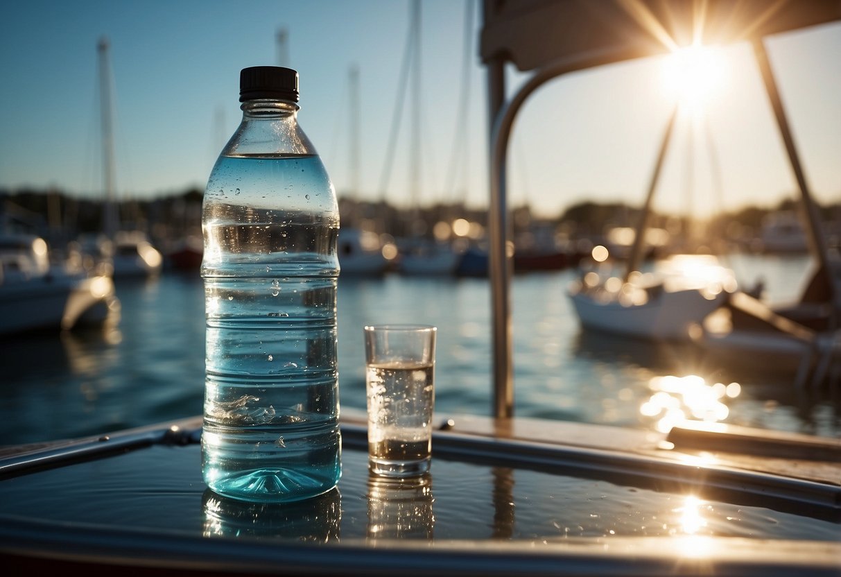 A boat on the water with a bottle of Aquatabs and a clear glass of purified water next to it. The sun is shining, and there are seagulls flying in the distance