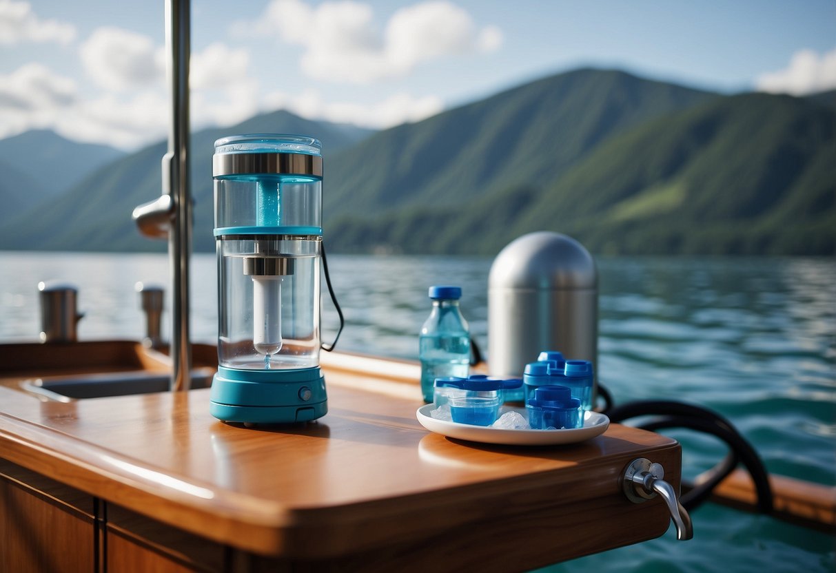 A Steripen Ultra UV Water Purifier is shown purifying water on a boat. The device is in use, with water being treated for safe consumption