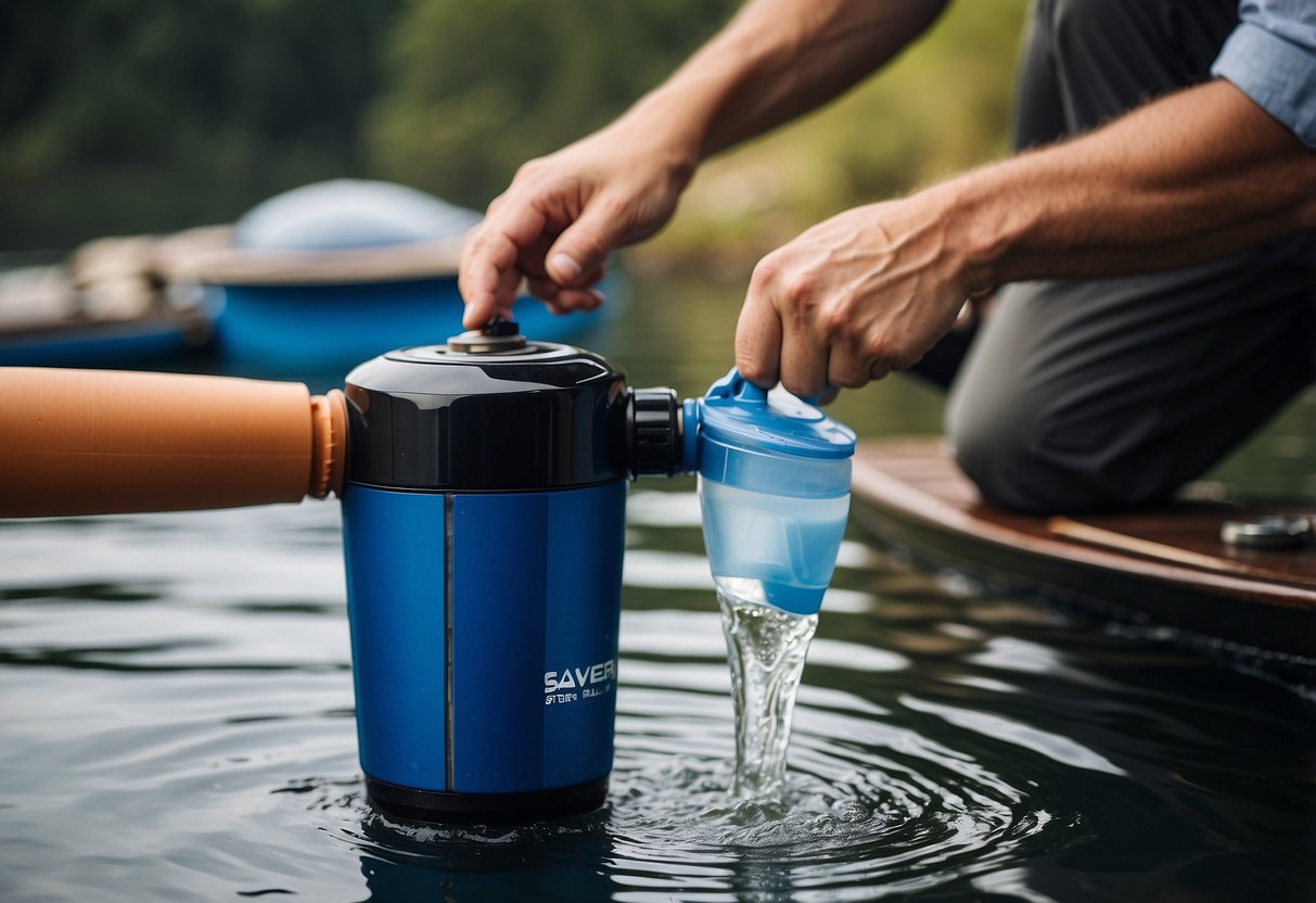 A Sawyer Squeeze Water Filter is shown being used to purify water while boating, with various methods displayed around it