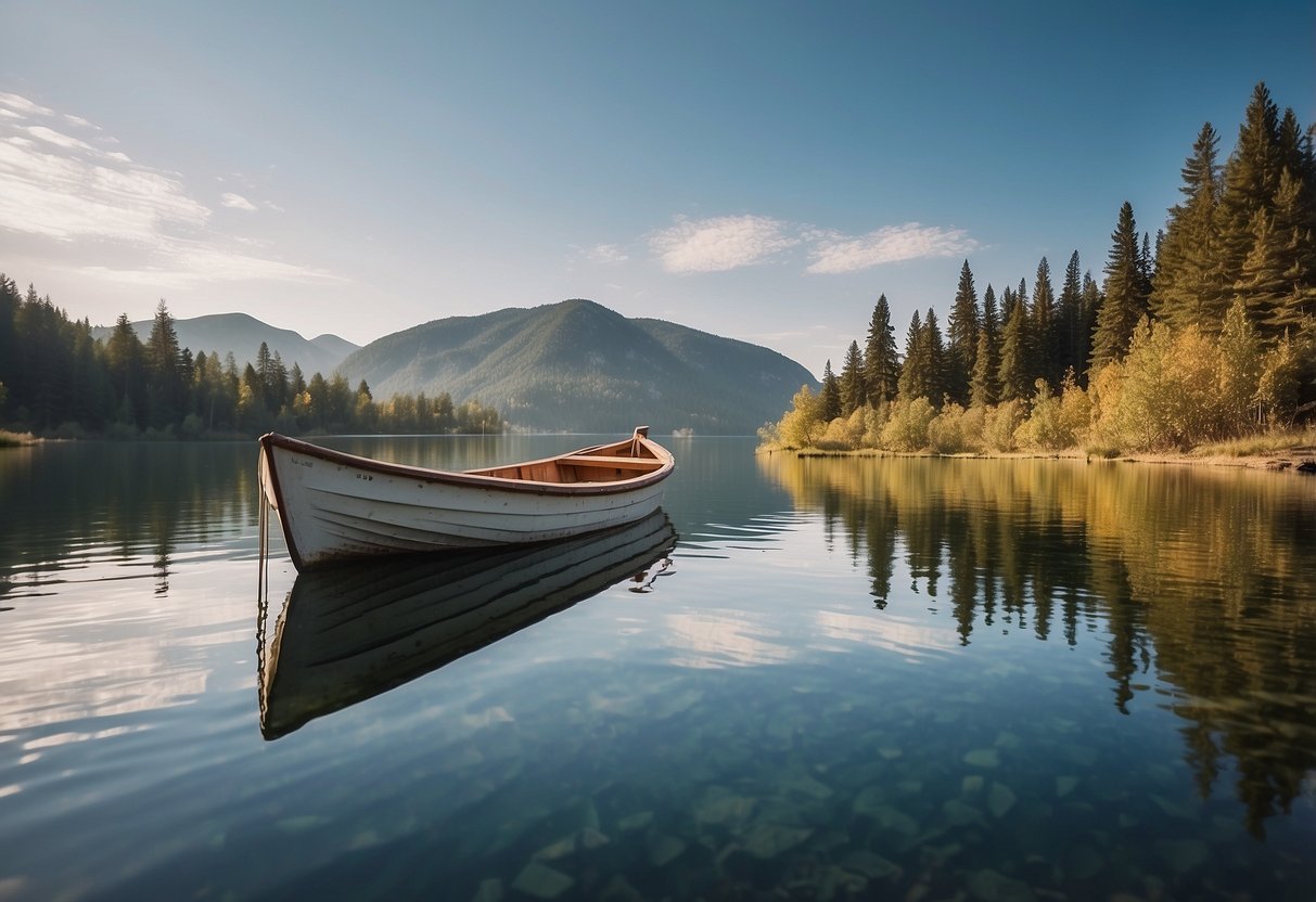 A boat floating on a calm body of water, with a variety of water sources in the background such as rivers, lakes, and oceans. A range of purification methods are depicted, including filters, UV treatment, and boiling