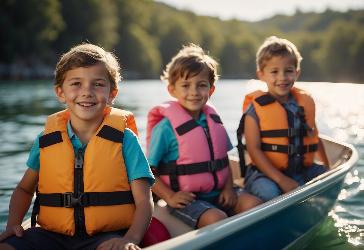 Children on a boat, wearing life jackets, playing and learning about boating safety. Parents providing supervision and guidance. Sunshine and calm waters