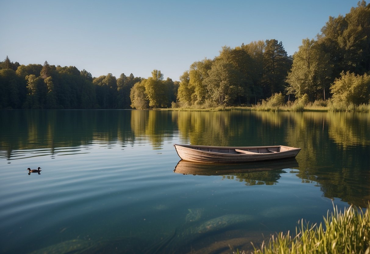 A serene lake with a small boat gliding smoothly. A family of ducks swimming nearby. A clear blue sky with gentle ripples on the water