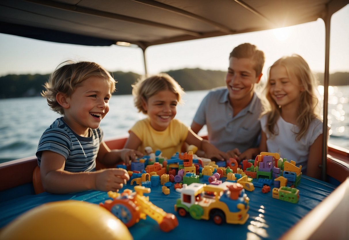 A family-friendly boat with toys and games scattered around, kids laughing and playing, while parents relax nearby