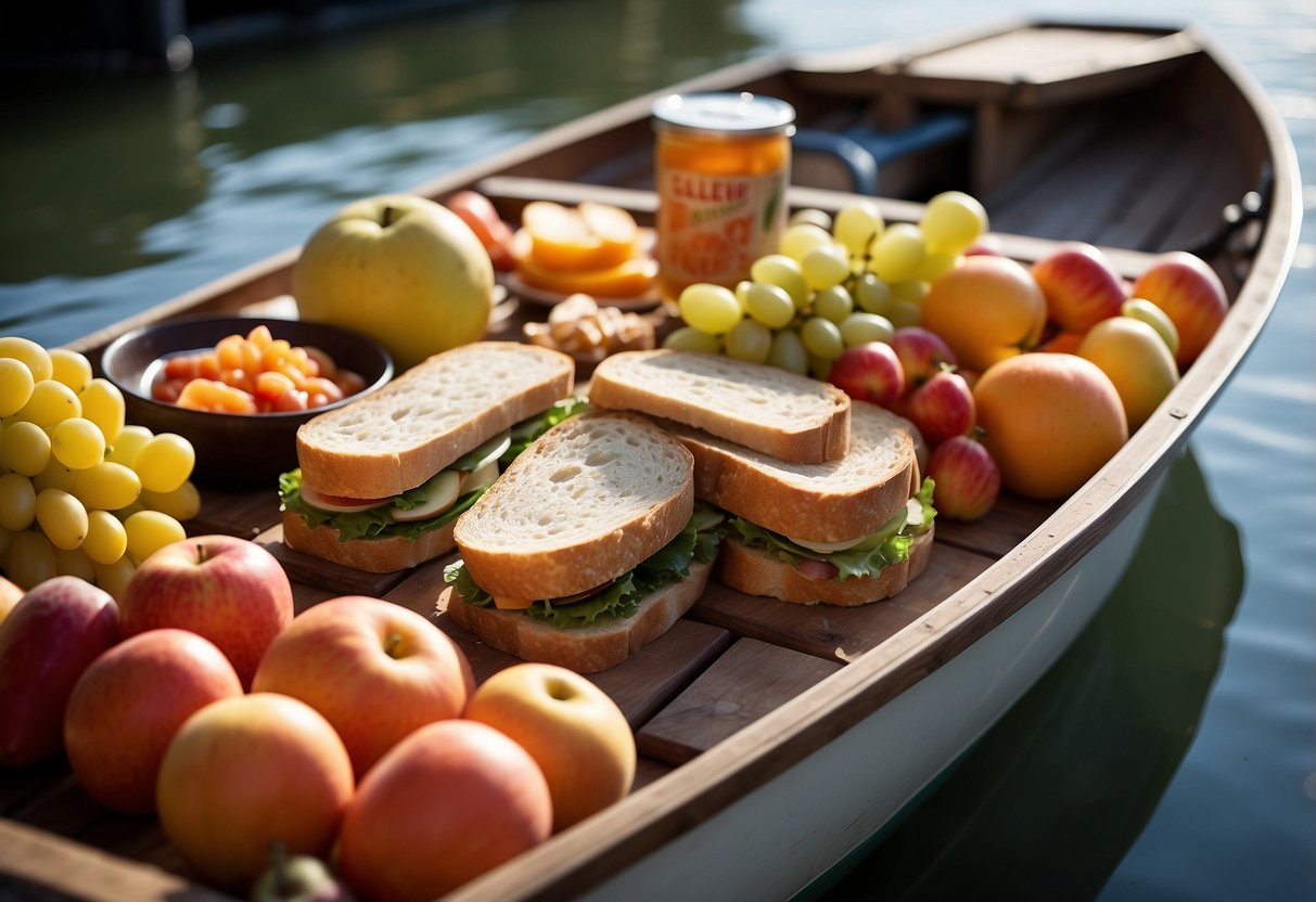 A boat on calm water with a picnic spread of lightweight, easy-to-pack foods like sandwiches, fruits, and snacks. The sun is shining, and there are fishing rods and life jackets nearby