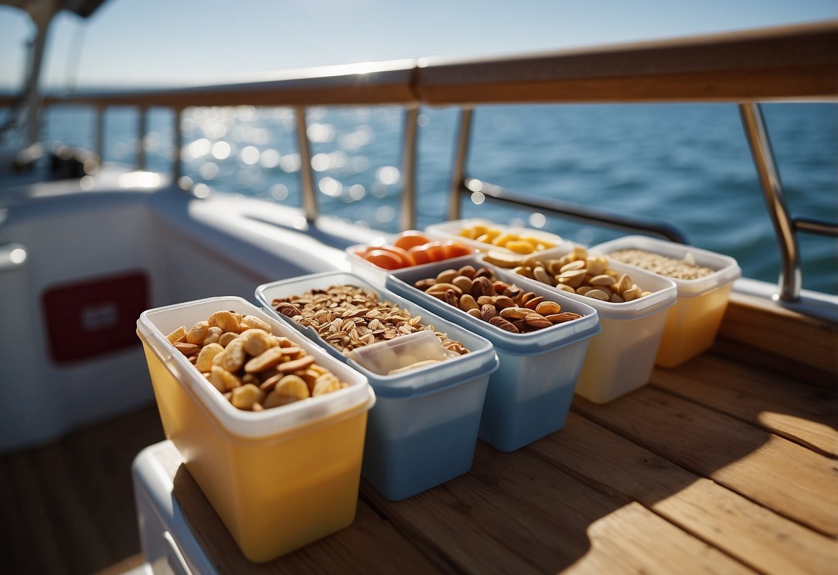 A boat deck with a cooler open, showing tuna packets, granola bars, and dried fruits. The sun is shining, and the water is calm