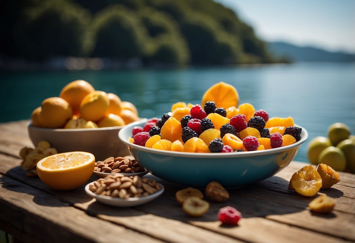 A small boat sits on calm water, with a bag of dried fruit mix and other lightweight food options neatly arranged on a table