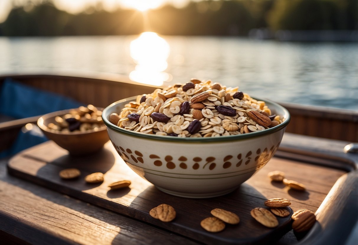 A bowl of instant oatmeal sits on a boat deck, surrounded by lightweight food options like trail mix and energy bars. The sun shines down on the peaceful water