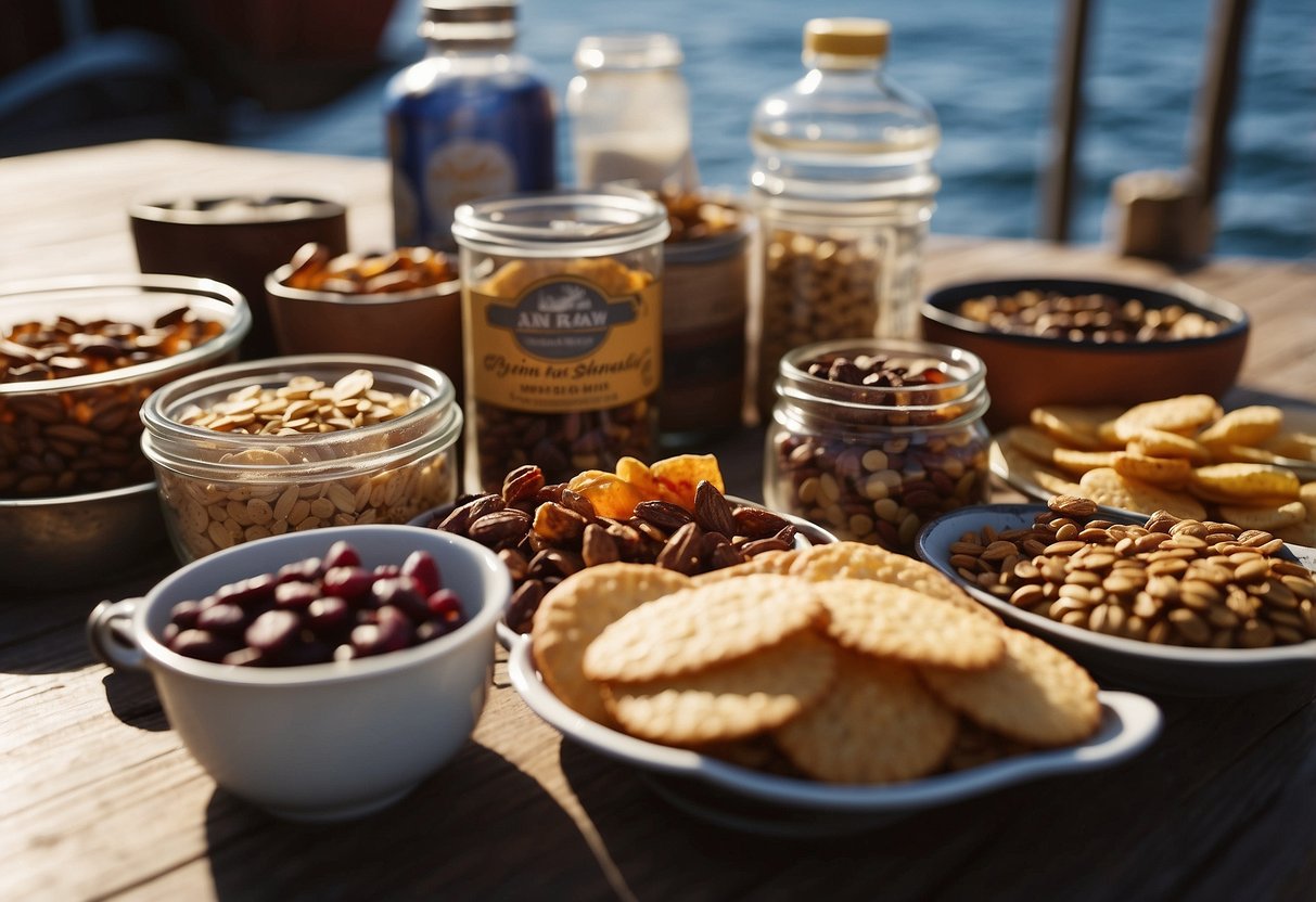 A boat deck with a picnic spread of beef jerky, trail mix, granola bars, dried fruit, and water bottles. The sun shines on the snacks