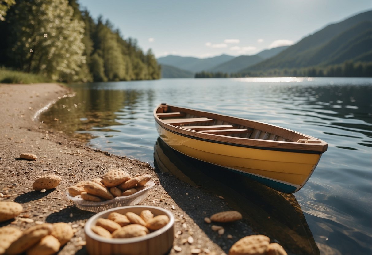 A sunny day on a calm lake, with a small boat floating in the water. On the boat, there are various lightweight food options, including packs of almond butter