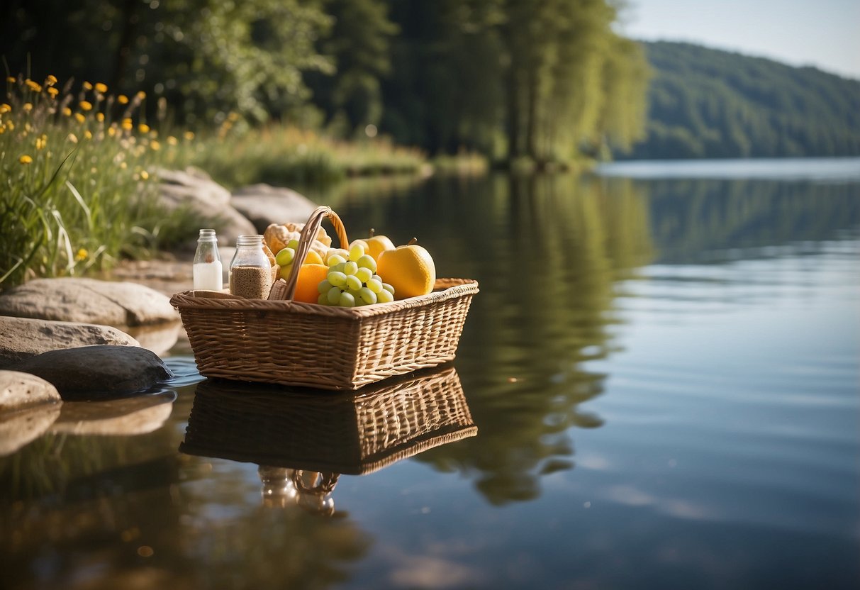 A sunny day on a calm lake, with a boat floating in the background. A picnic basket filled with lightweight, nutritious snacks sits on the shore