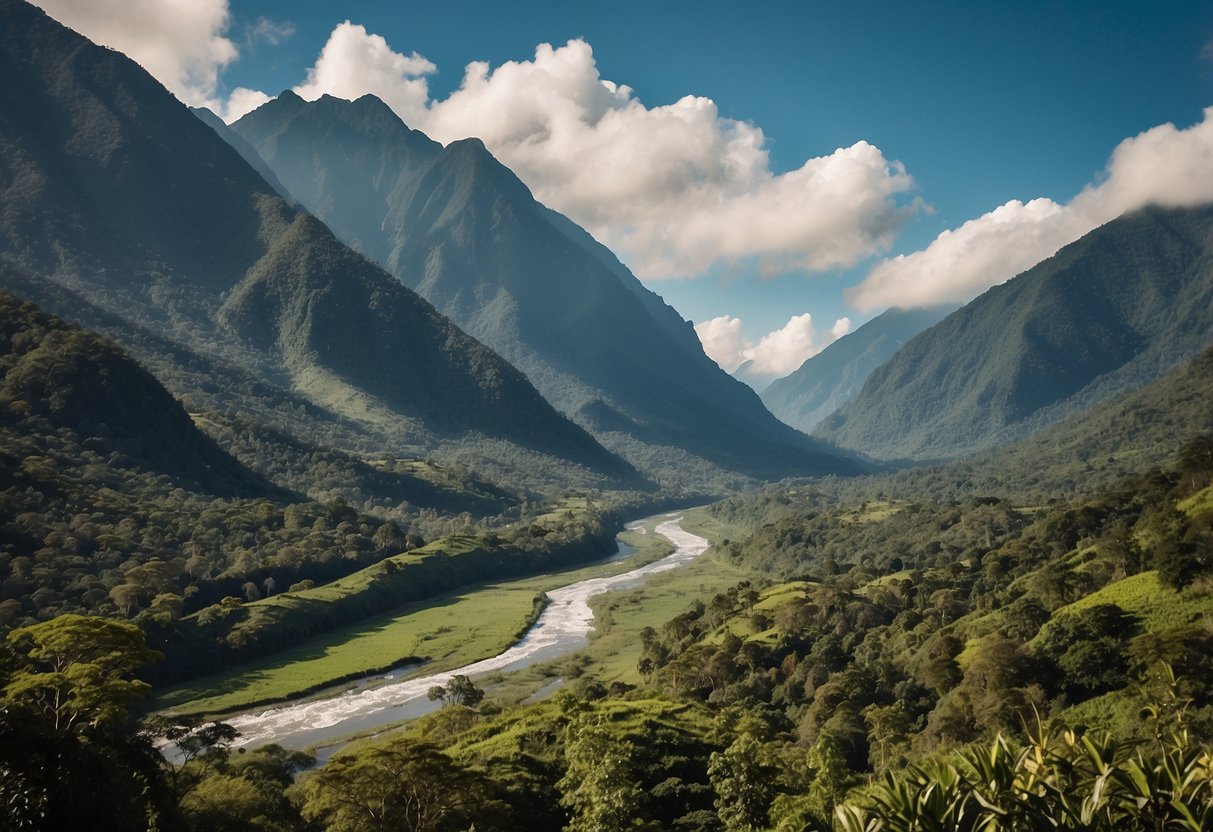 A serene river winding through lush rainforest, with a backdrop of towering Andean mountains and colorful birds flying overhead