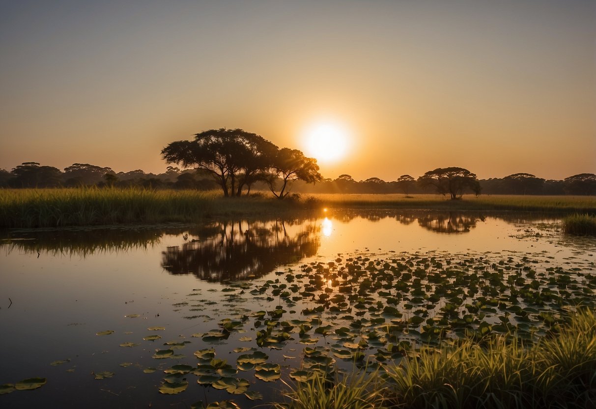 The sun sets over the vast Pantanal Wetlands in Brazil, casting a golden glow on the tranquil waterways, surrounded by lush vegetation and diverse wildlife