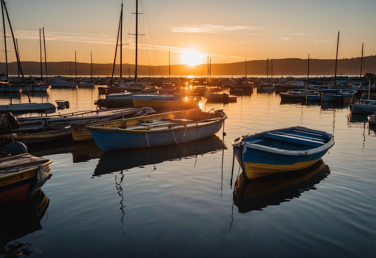 The sun sets over the tranquil waters of Chiloé Archipelago, as colorful boats navigate through the scattered islands of this stunning South American boating route