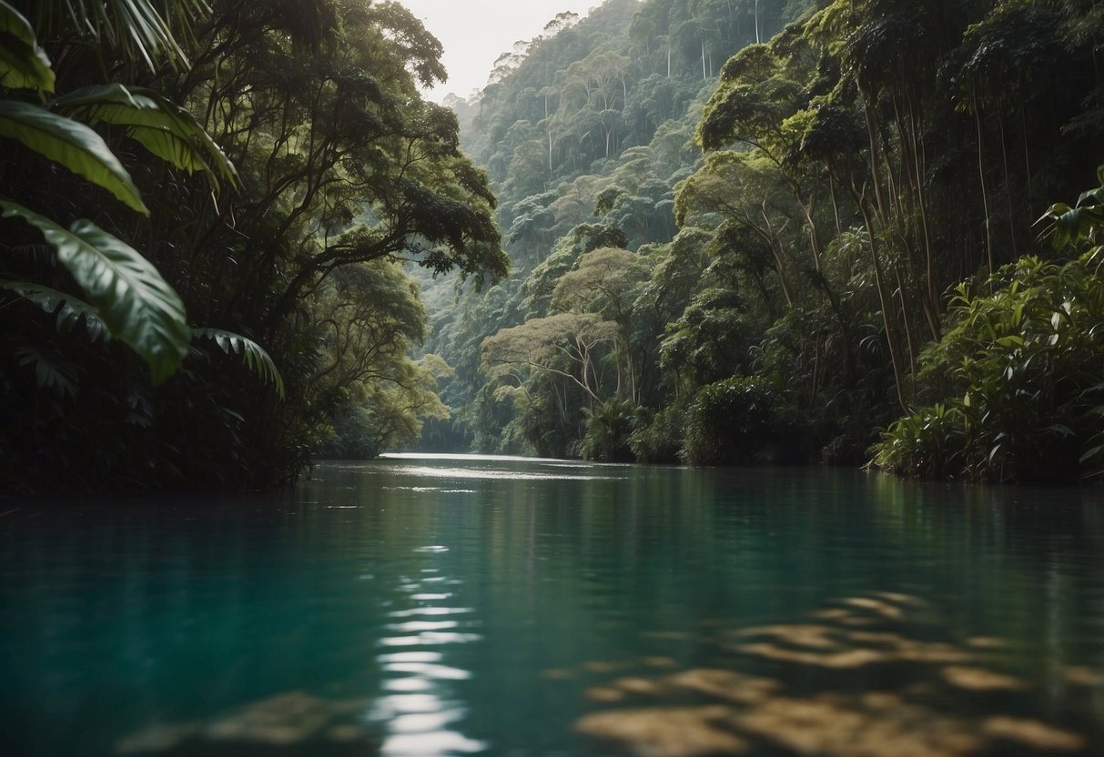 Lush rainforest with diverse wildlife, winding rivers, and vibrant ecosystems. Boats navigating through scenic waterways, surrounded by exotic flora and fauna