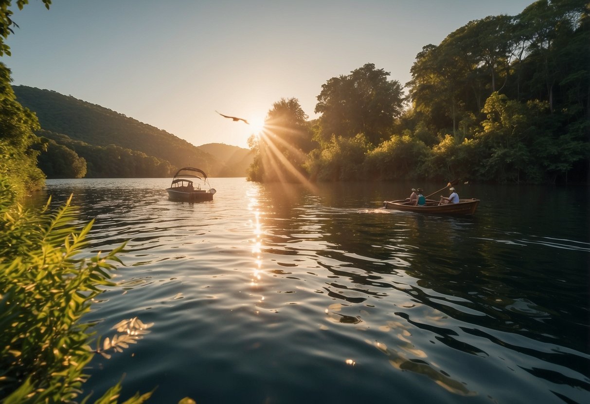 A boat navigates through calm waters, surrounded by lush greenery and diverse wildlife. Birds soar overhead, while fish jump out of the water. The sun shines brightly, casting a warm glow over the scene