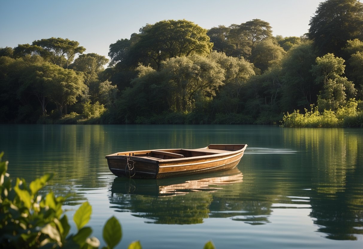 A boat floating on calm water, surrounded by lush greenery. A variety of wildlife, such as birds, fish, and turtles, are visible in the distance, with clear signs advising to keep a safe distance