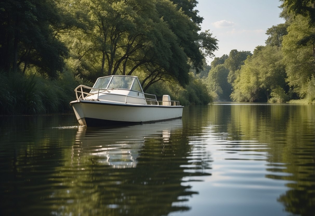 A boat navigating through a calm river, surrounded by lush greenery. A sign on the shore warns of nesting areas. A heron perches on a nearby tree, while a family of ducks swims in the water