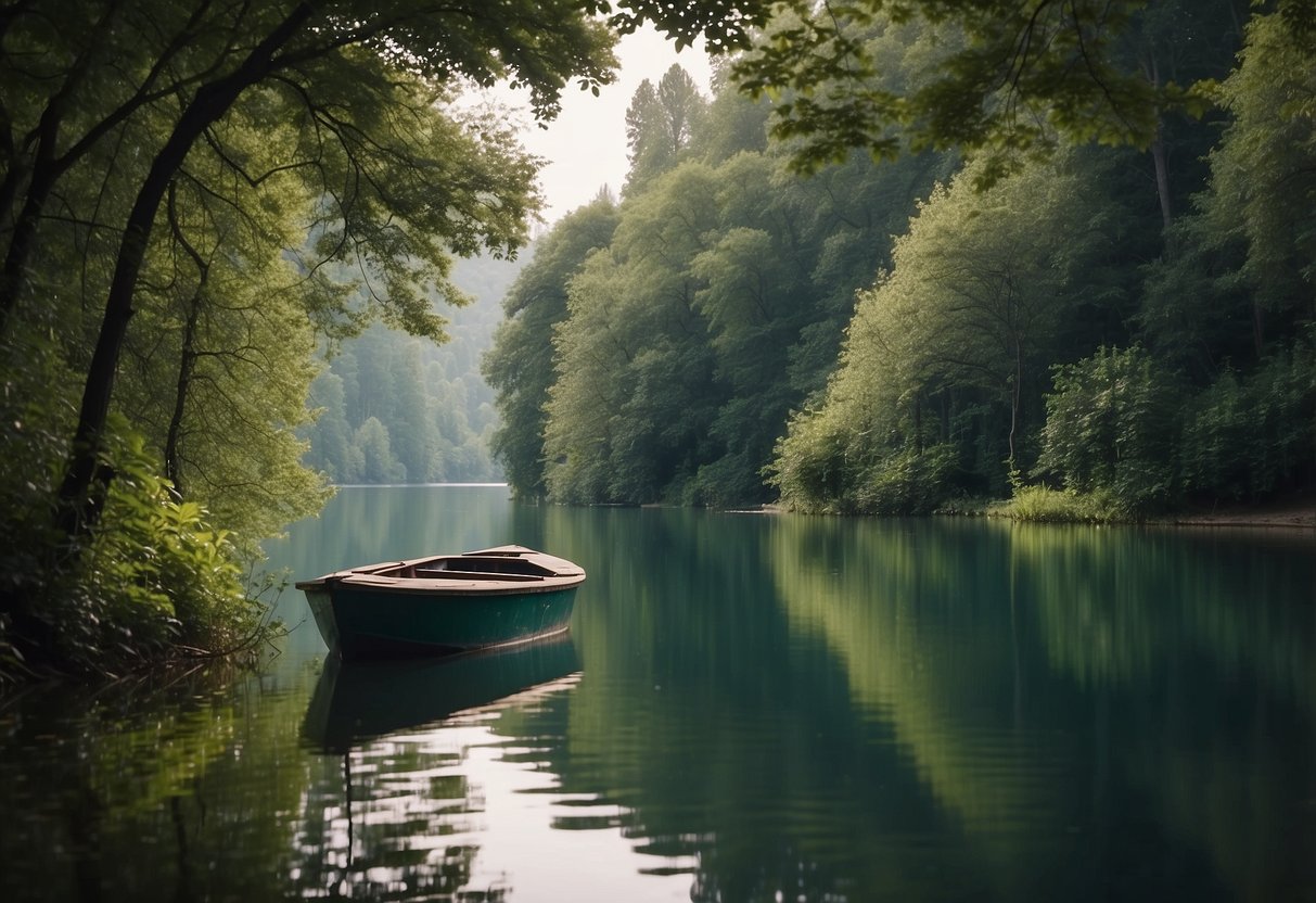 A serene lake with a boat gliding through calm waters, surrounded by lush greenery and wildlife. The scene is peaceful, with no loud noises disturbing the natural beauty