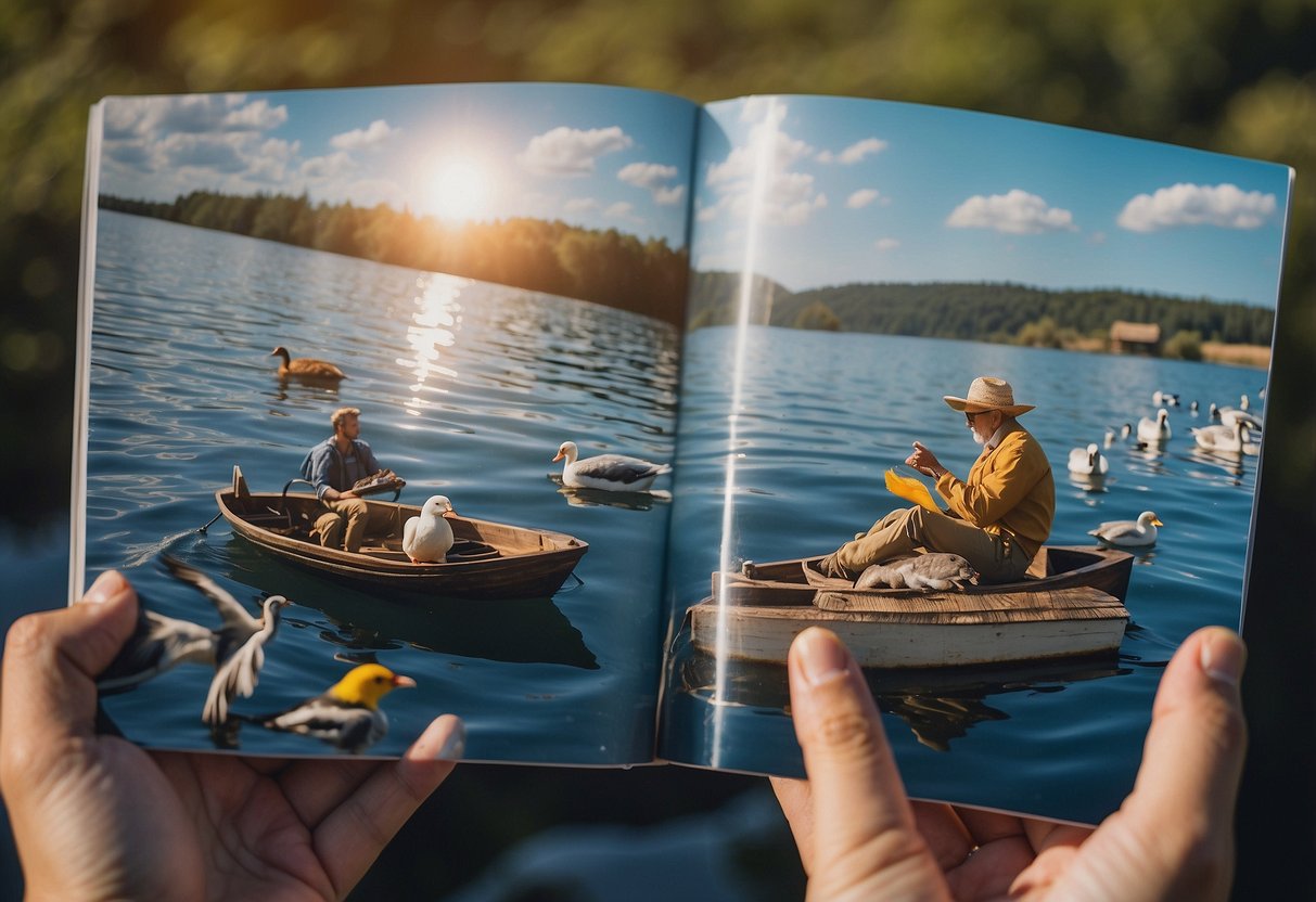 A person in a boat holds a wildlife guidebook, surrounded by various animals like birds, fish, and mammals. The water is calm, and the sun is shining