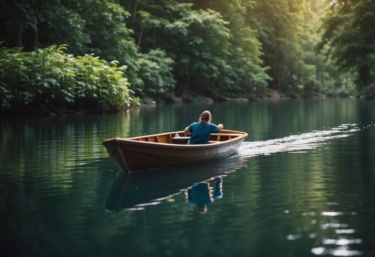 A boat glides through calm waters, surrounded by lush greenery. A variety of wildlife can be seen, including birds, fish, and possibly a curious otter or turtle peeking out from the water