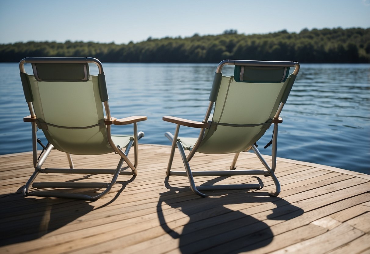 Five modern, foldable boating chairs on a sleek deck overlooking calm waters and a clear blue sky