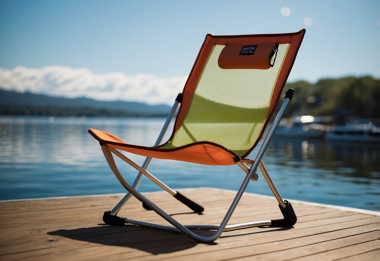 A Helinox Chair Zero sits on a boat deck, surrounded by calm waters and a clear blue sky. The lightweight, compact design of the chair makes it perfect for boating adventures