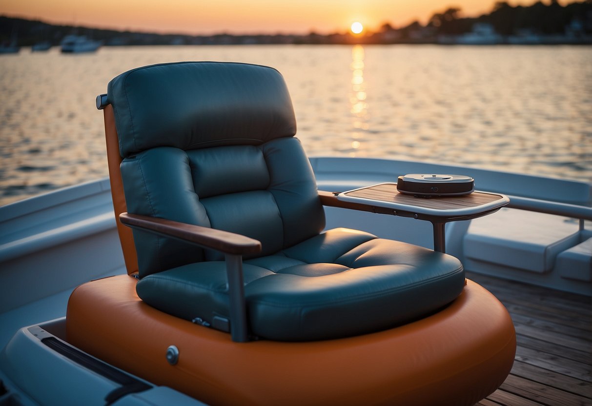 A NEMO Stargaze Recliner 5 sits on a lightweight boat, surrounded by calm waters and a beautiful sunset