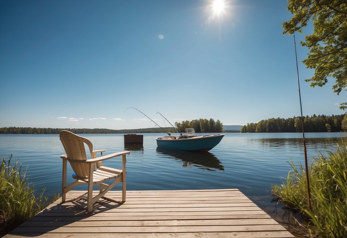 A serene lake setting with a small boat and fishing gear. A lightweight boating chair is positioned on the boat, surrounded by calm waters and a clear blue sky