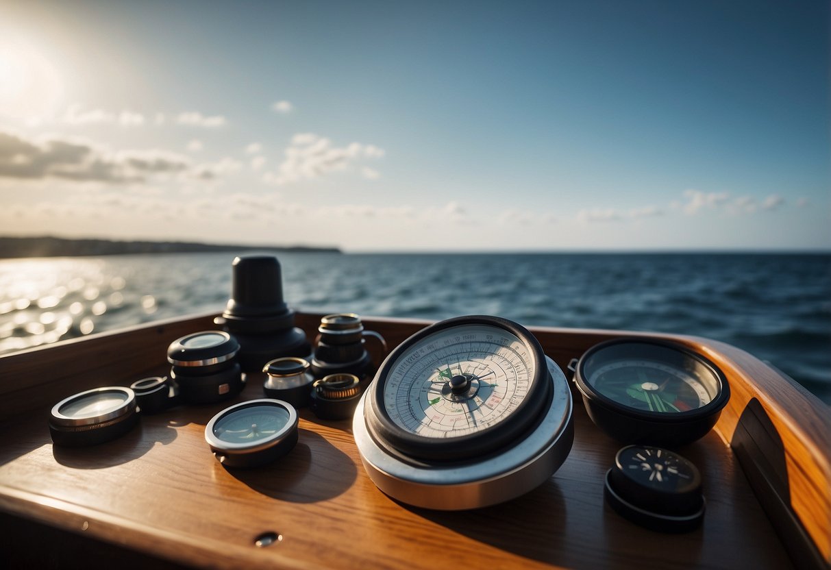 A boat deck with various navigation tools laid out: compass, GPS, charts, binoculars, marine radio, anchor, and flashlight. Ocean waves in the background