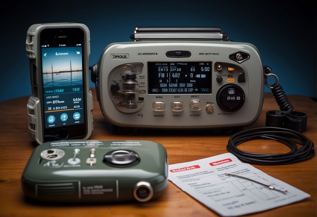 A boat deck with a Standard Horizon HX870 radio, compass, GPS, binoculars, charts, flashlight, whistle, flares, and first aid kit