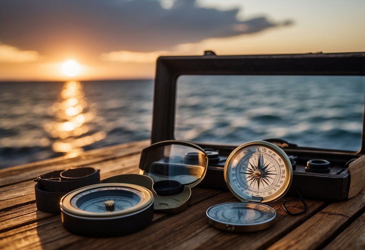 A compass, map, and binoculars lay on a weathered wooden deck. The sun sets over a calm ocean, with a boat in the distance