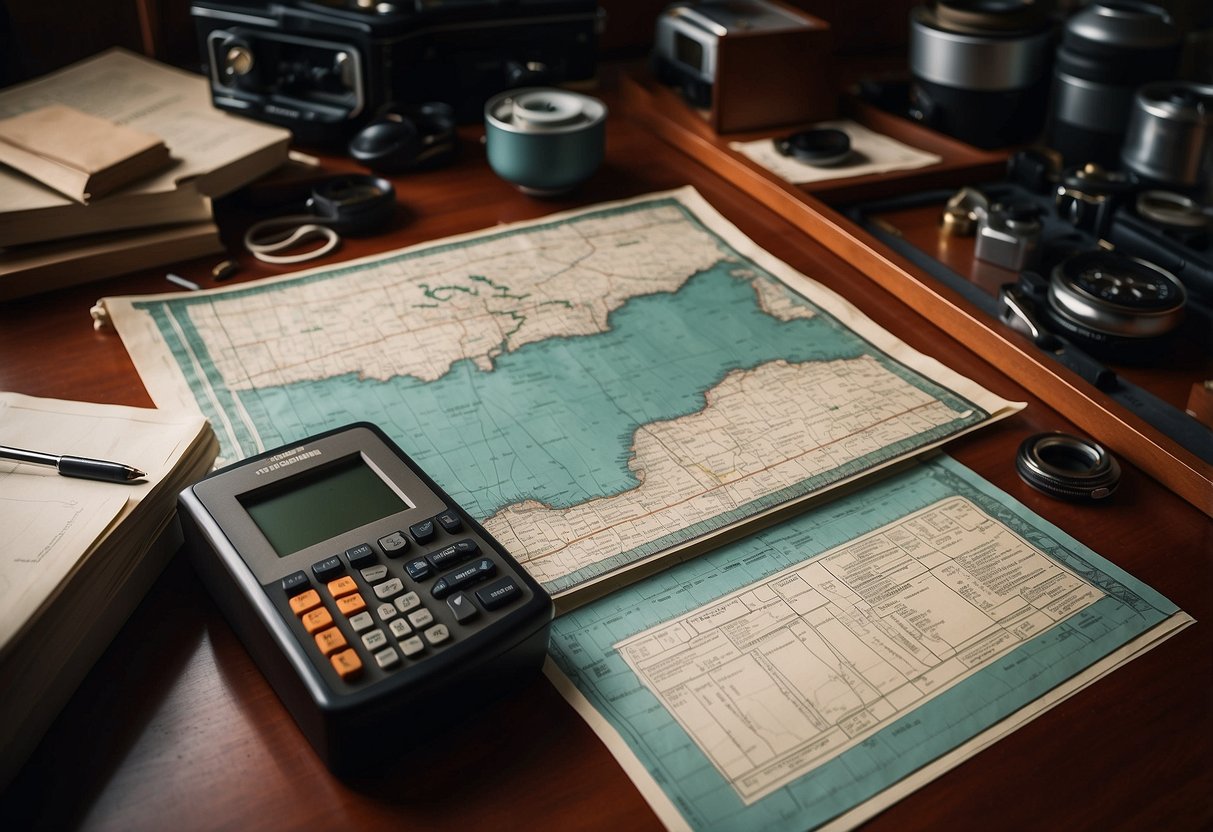 A table with a Weems & Plath Marine Plotter surrounded by essential navigation tools for boating trips