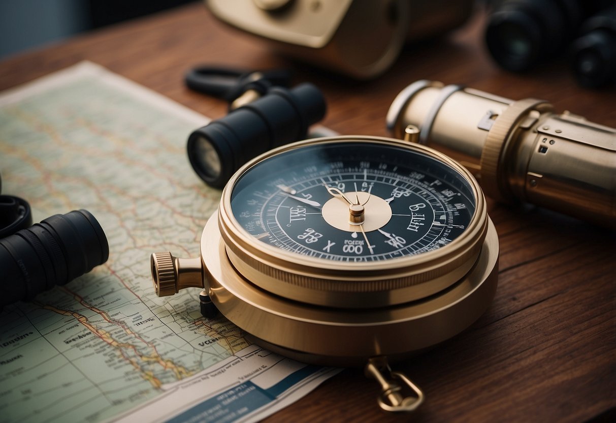 A boat deck with a compass, nautical charts, GPS, binoculars, dividers, parallel rulers, a hand-bearing compass, a watch, a logbook, and a navigation light