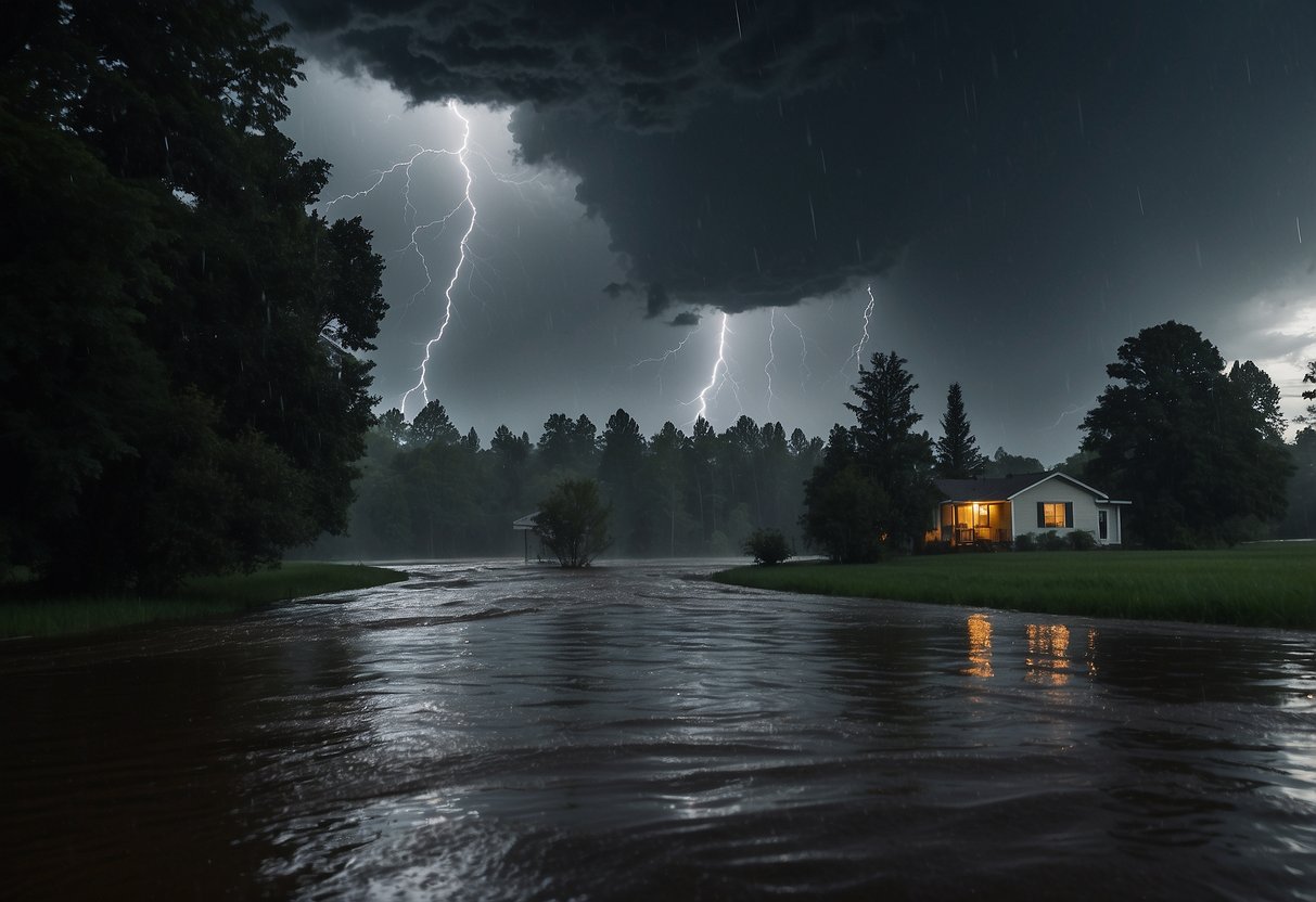 Dark clouds loom overhead as lightning strikes in the distance. Trees sway violently in the wind as heavy rain pours down. A house is surrounded by flooding water, while a person inside follows safety tips