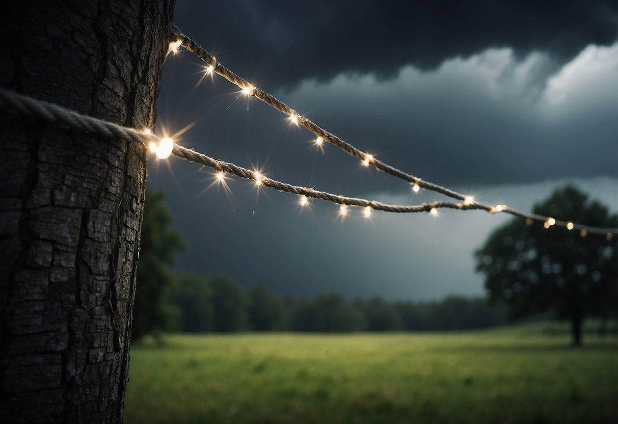 Outdoor items are tied down with sturdy ropes. Trees sway in the wind. Dark clouds loom overhead. Lightning strikes in the distance. Rain pours down. Stay safe during a storm