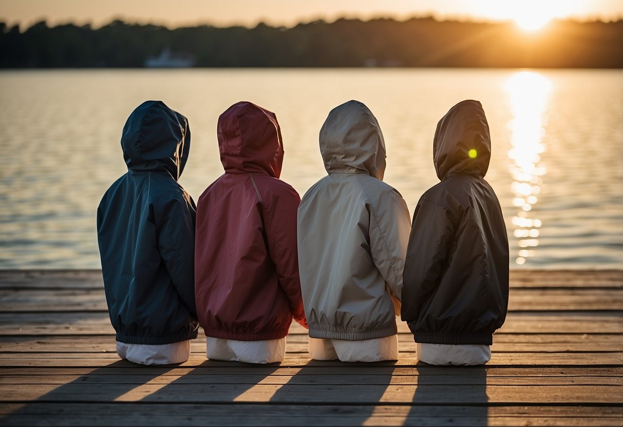 A group of five sleek and lightweight boating jackets arranged neatly on a wooden dock, with the sun setting in the background over calm waters