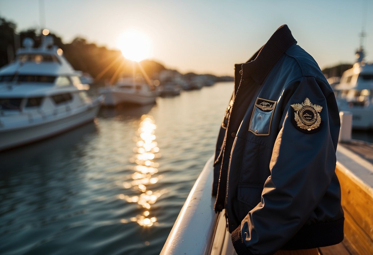 A sleek, navy blue pilot jacket hanging on a boat's railing, with the sun setting over the calm water in the background