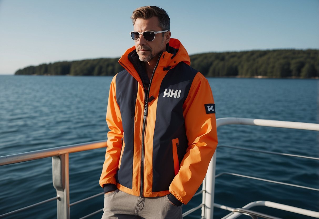 A sleek Helly Hansen Salt Light Jacket hangs on a boat railing, with calm waters and a clear sky in the background