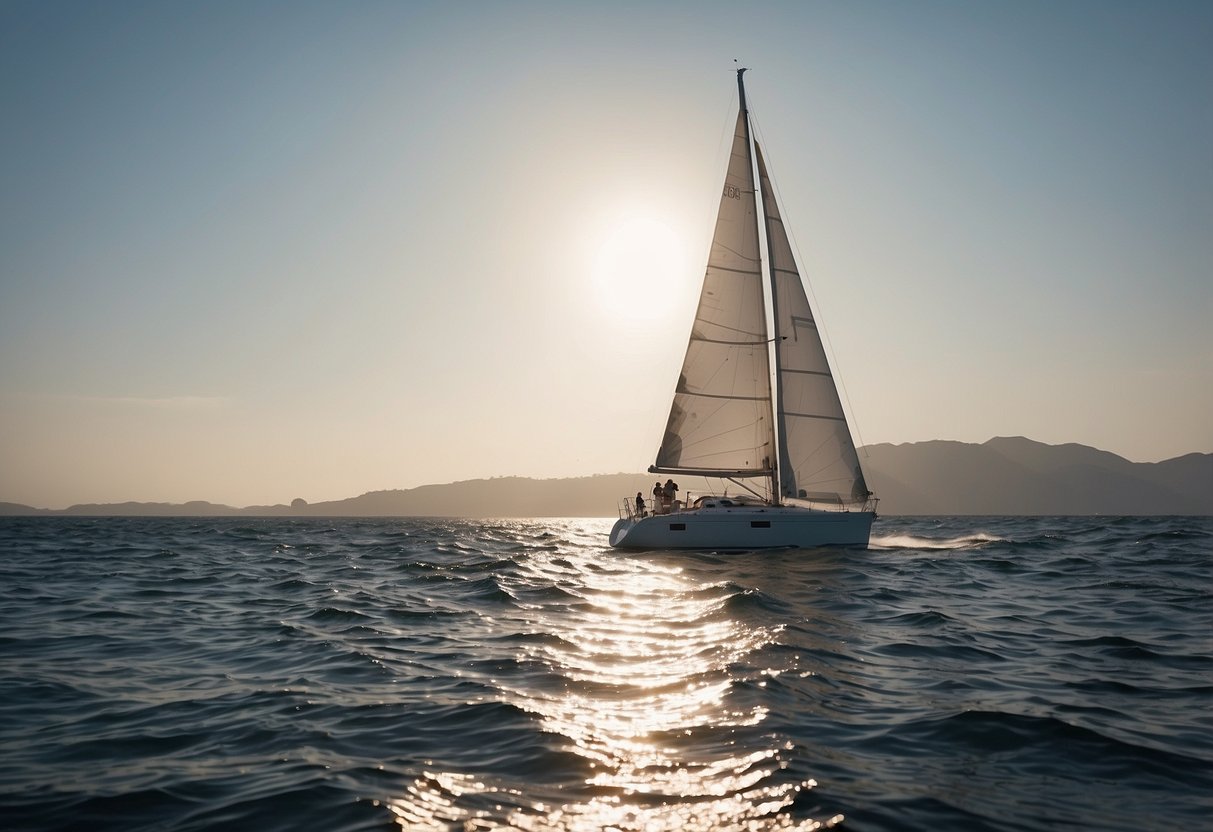 A sailboat glides across calm waters, its white sails billowing in the breeze. The sun shines down on the boat, highlighting the Navis Marine Offshore Sailing Jacket, a lightweight and durable choice for boating enthusiasts