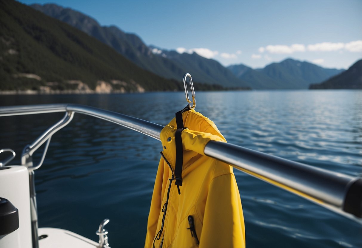 A bright yellow Mustang Survival Catalyst Jacket hangs on a boat hook against a backdrop of calm, blue waters and a clear sky