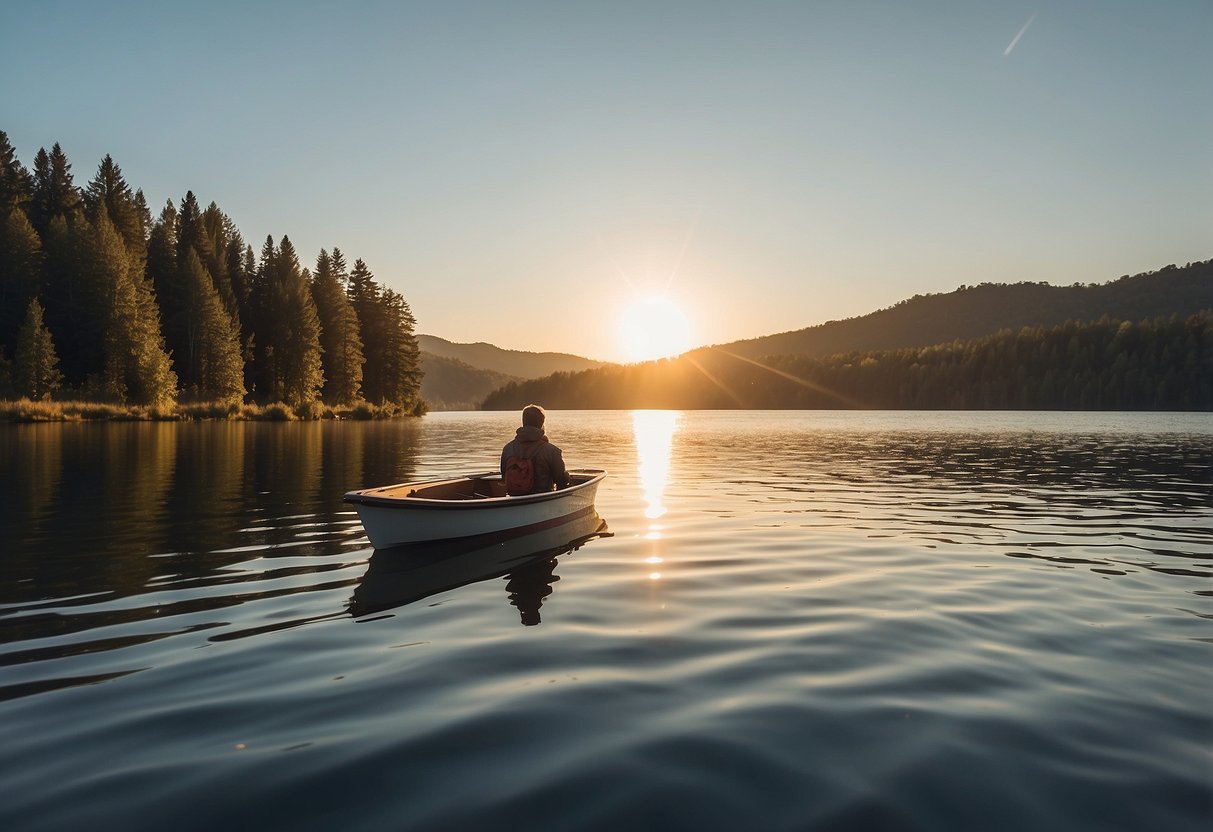 A calm lake with a small boat gliding through the water, the sun shining overhead as the boater wears a lightweight jacket, showcasing the freedom and comfort of lightweight boating jackets