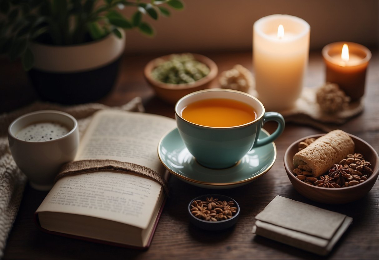 A serene setting with a cozy bed, a warm cup of tea, a soothing essential oil diffuser, a yoga mat, a journal, and a healthy snack spread