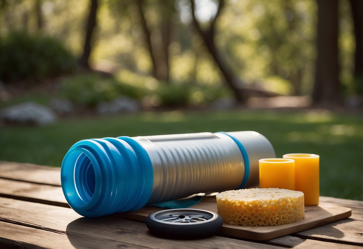 A water bottle surrounded by post-trip recovery items like a foam roller, protein bar, and stretch bands, with a background of a serene outdoor setting