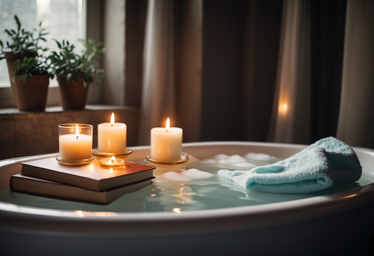 A bathtub filled with Epsom salt, surrounded by candles and a fluffy towel. A book and a glass of water sit on the edge of the tub