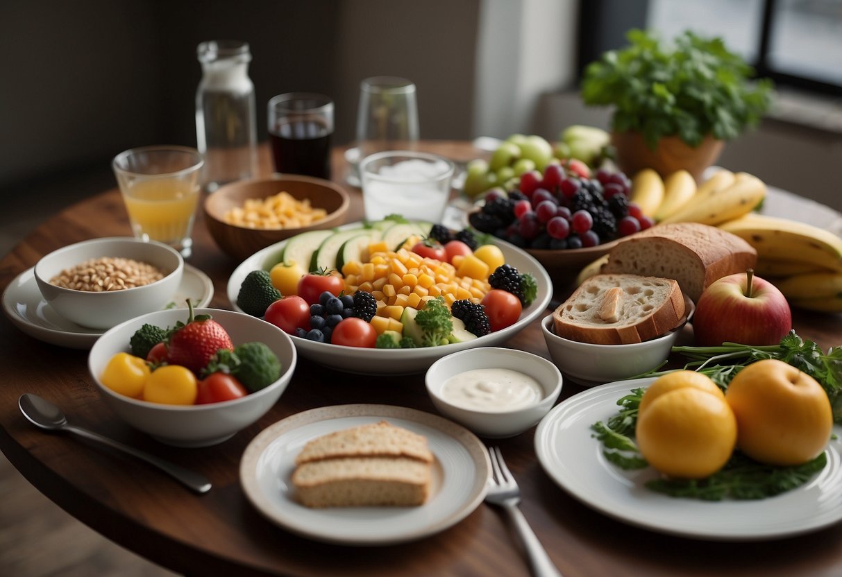 A table set with a variety of healthy foods including fruits, vegetables, lean proteins, and whole grains. A glass of water and a plate with a balanced meal are prominently displayed