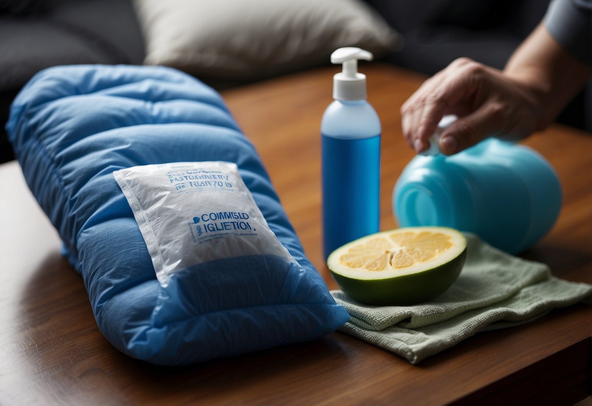 A cold compress is being applied to a swollen area, surrounded by post-trip recovery items such as water bottles, healthy snacks, and a comfortable pillow