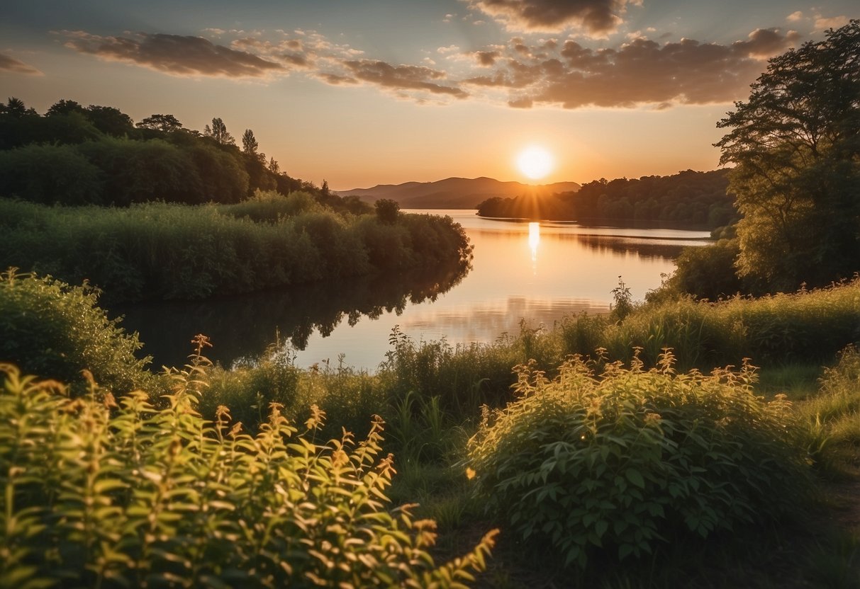 A serene landscape with a calm body of water, surrounded by lush greenery. The sun is setting, casting a warm glow over the scene